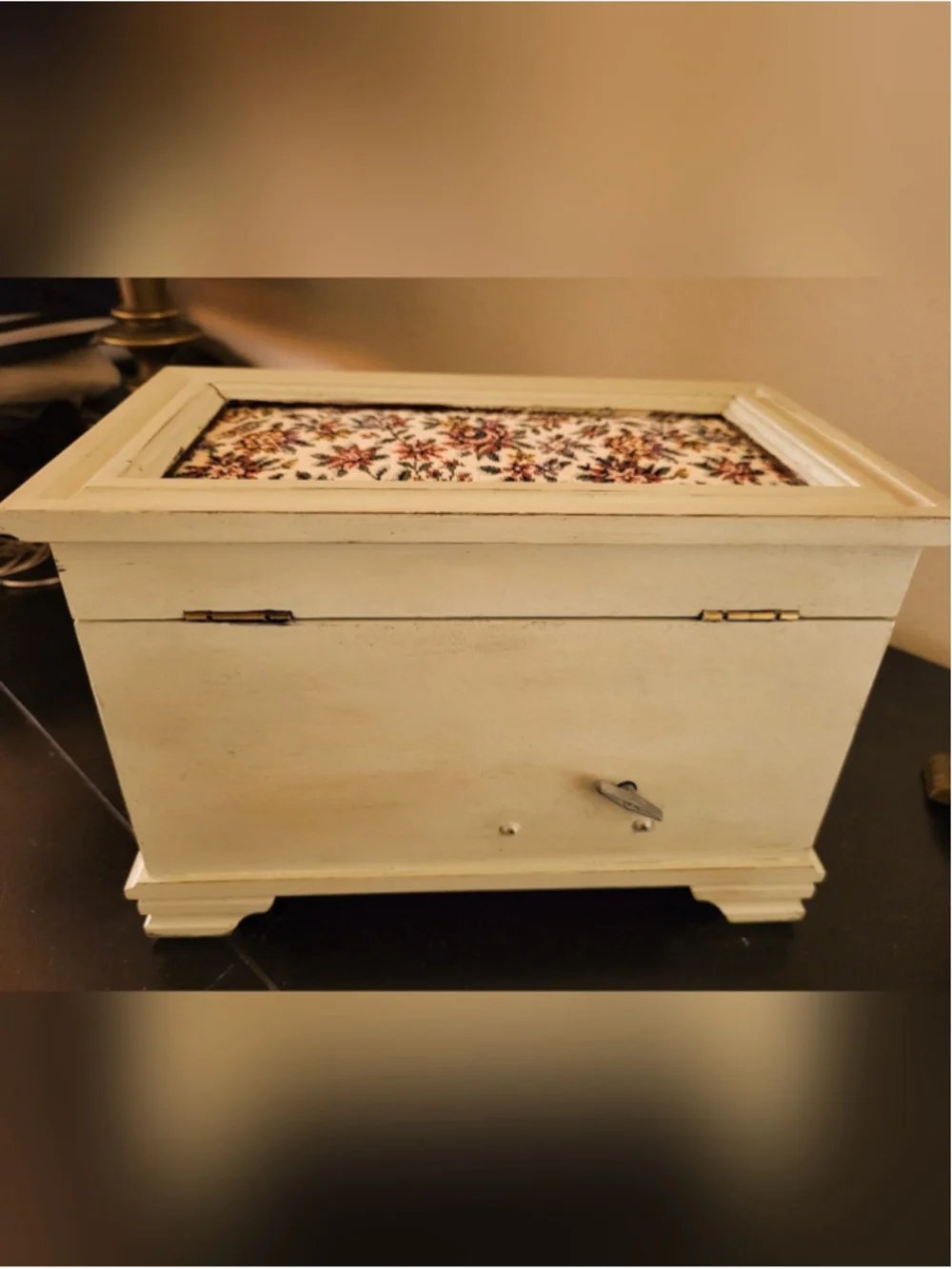 Vintage Music Box Jewelry Chest • Hand-Refinished • Floral Tapestry Panels •